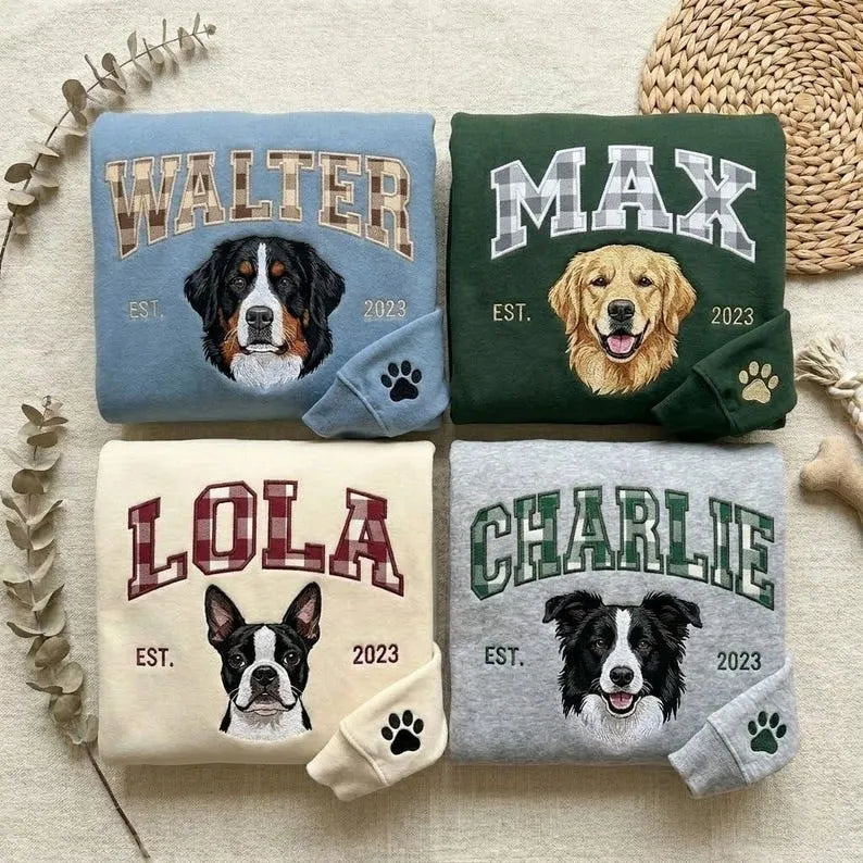Custom Pet Portrait Embroidered Sweatshirt with Gingham Varsity Name