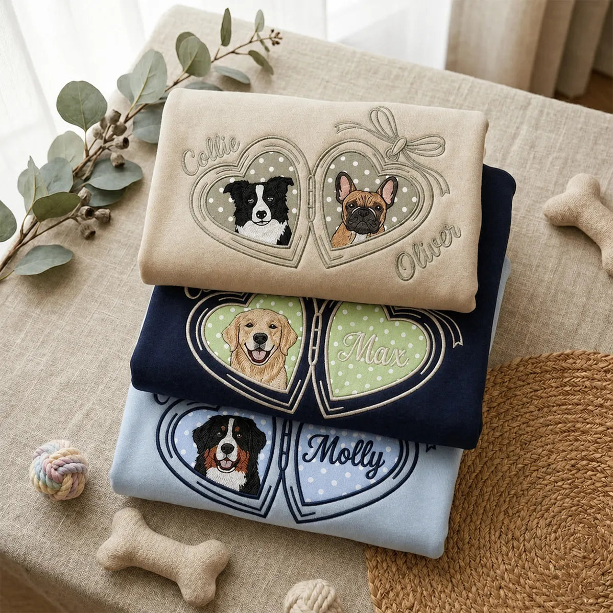 Custom Pet Portrait Embroidered Sweatshirt with Polka Dot Locket Heart Coquette