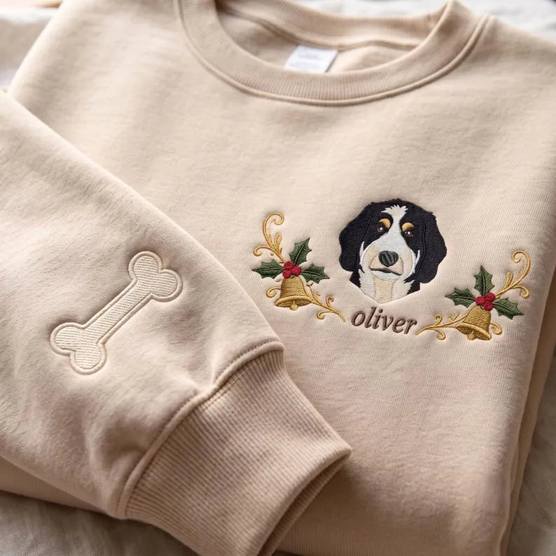 Custom Pet Embroidered Sweatshirt with Christmas Wreath Design, Holiday Pet Lover Gift