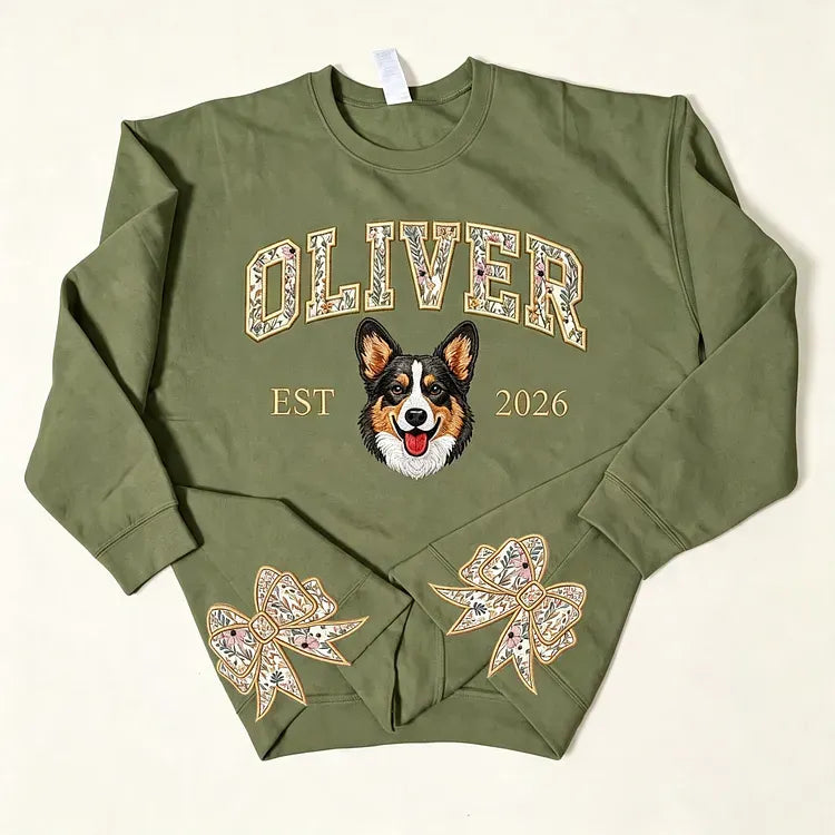 Custom Pet Portrait Floral Applique Embroidered Sweatshirt with Side Bow Detail