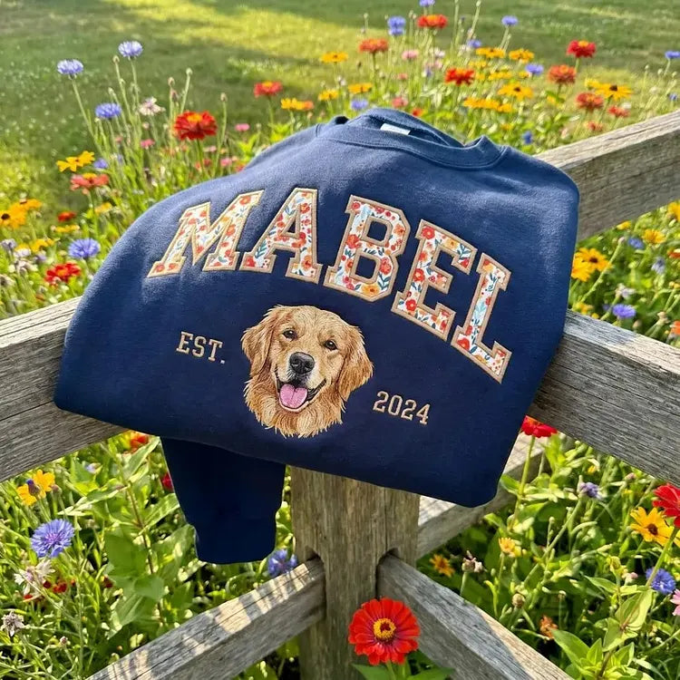 Custom Pet Portrait Floral Applique Embroidered Sweatshirt Hoodie T-shirt