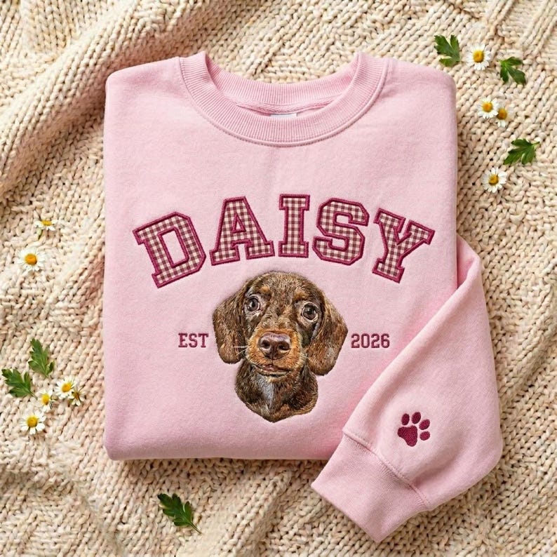 Custom Pet Portrait Embroidered Gingham Applique Sweatshirt