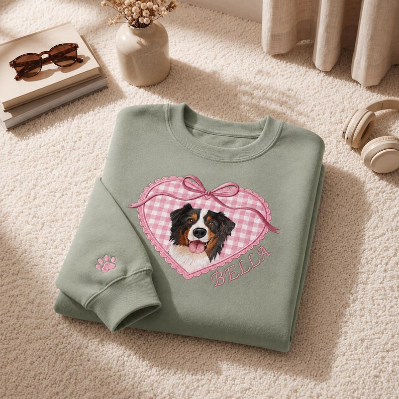 Custom Pet Portrait Embroidered Sweatshirt with Locket Heart Coquette Bow Design