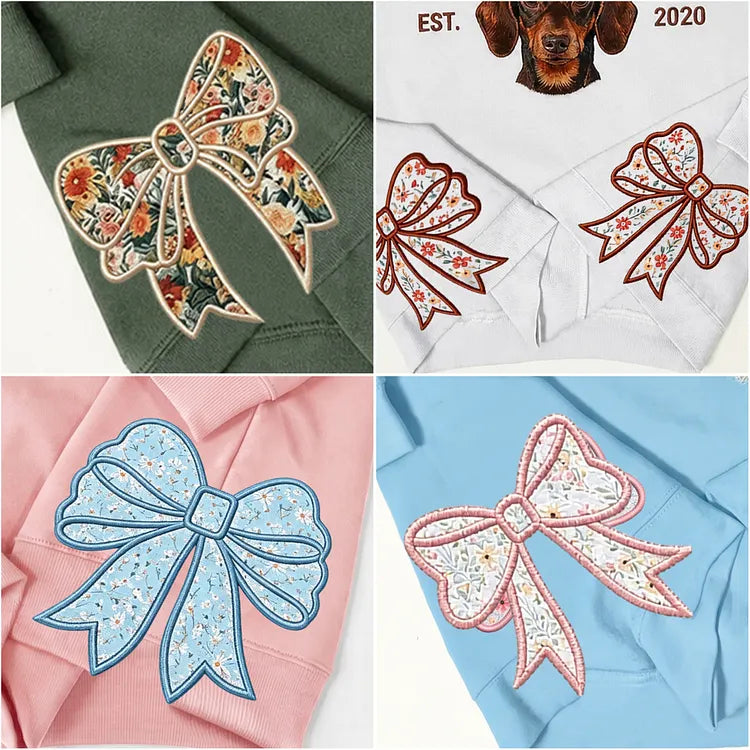 Custom Pet Portrait Floral Applique Embroidered Sweatshirt with Side Bow Detail