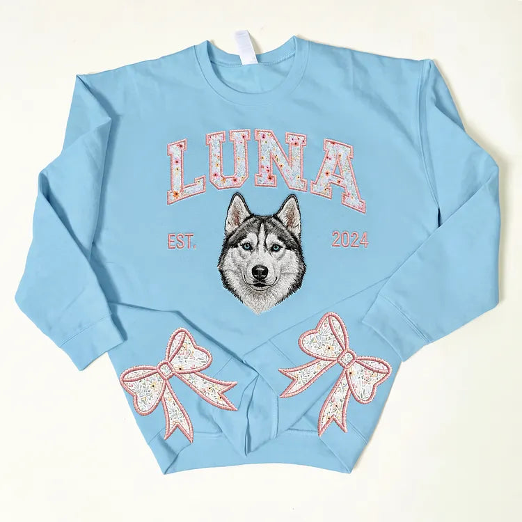 Custom Pet Portrait Floral Applique Embroidered Sweatshirt with Side Bow Detail