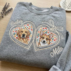 Custom Pet Portrait Embroidered Sweatshirt with Floral Applique Locket Heart with Bow