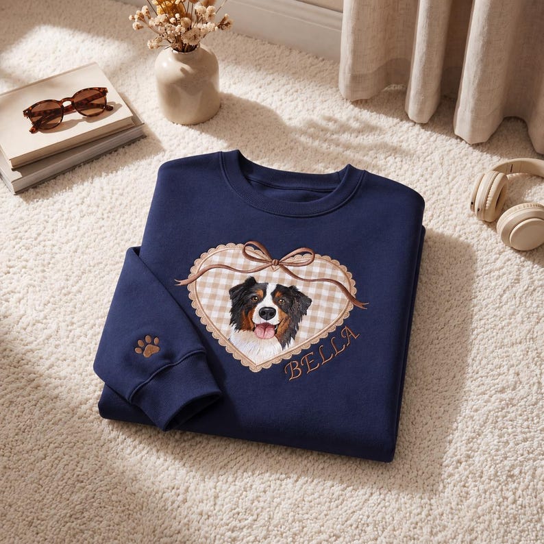 Custom Pet Portrait Embroidered Sweatshirt with Locket Heart Coquette Bow Design