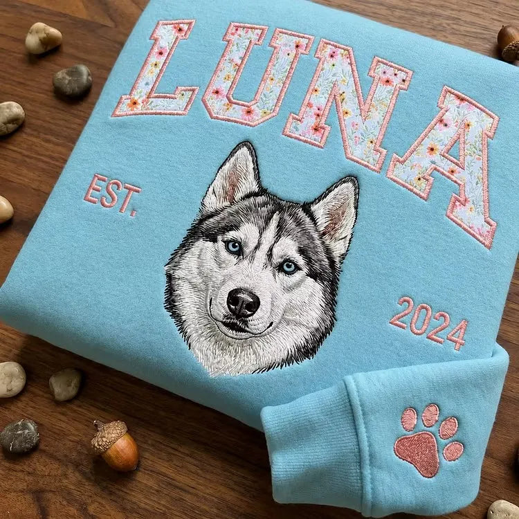Custom Pet Portrait Floral Applique Embroidered Sweatshirt Hoodie T-shirt