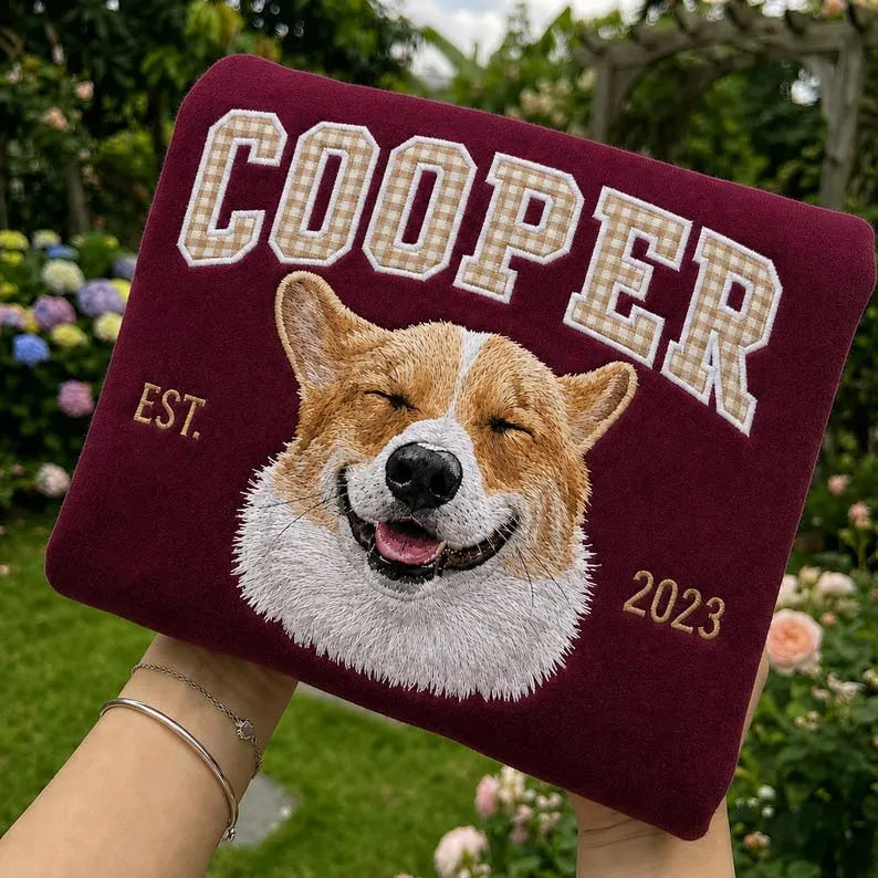 Custom Pet Portrait Embroidered Gingham Applique Sweatshirt