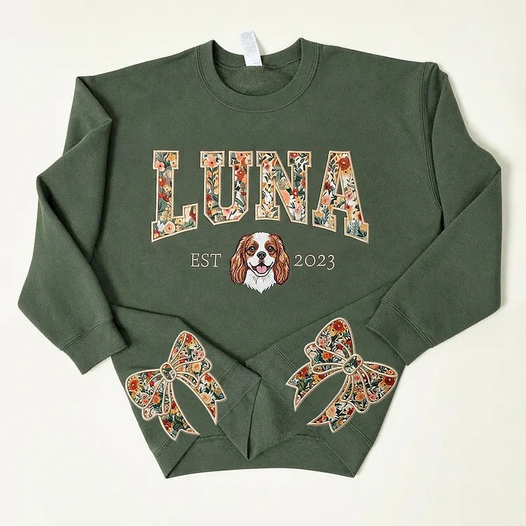 Custom Pet Portrait Floral Applique Embroidered Sweatshirt with Side Bow Detail
