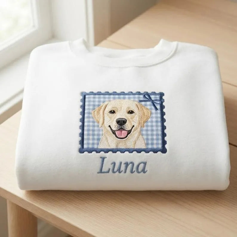Personalized Pet Portrait Embroidered Sweatshirt with Gingham Appliqué Patch