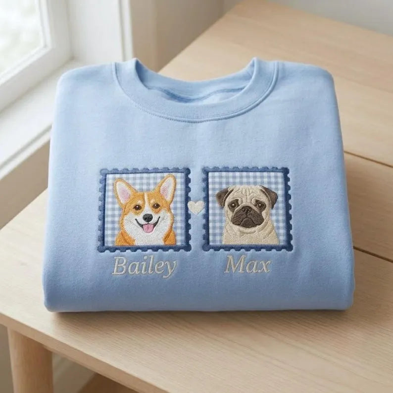 Personalized Pet Portrait Embroidered Sweatshirt with Gingham Appliqué Patch