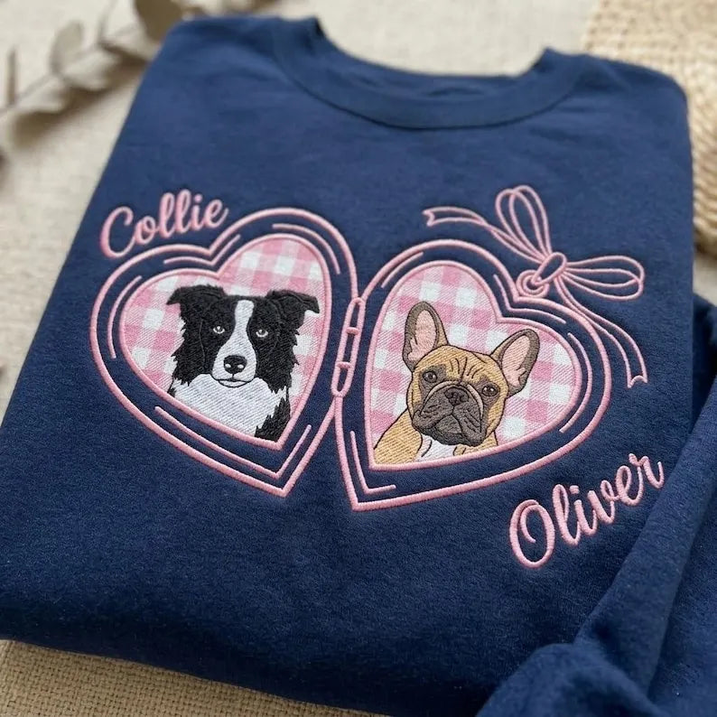 Custom Pet Portrait Embroidered Sweatshirt with Gingham Locket Heart Coquette