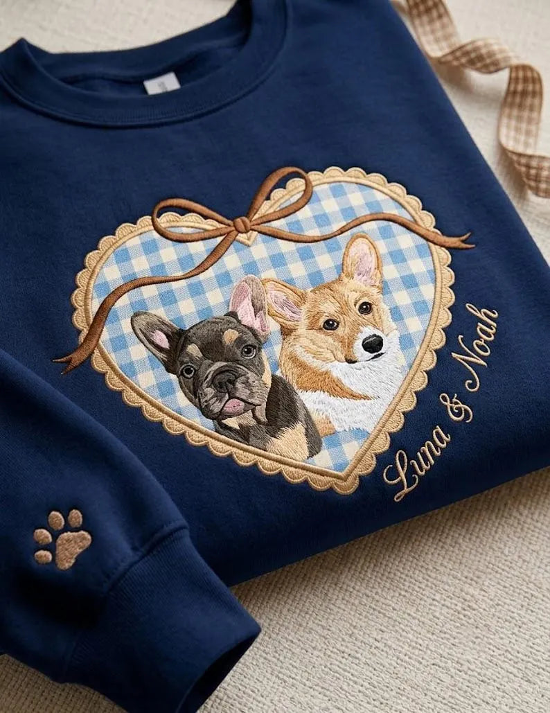 Custom Pet Portrait Embroidered Sweatshirt with Locket Heart Coquette Bow Design
