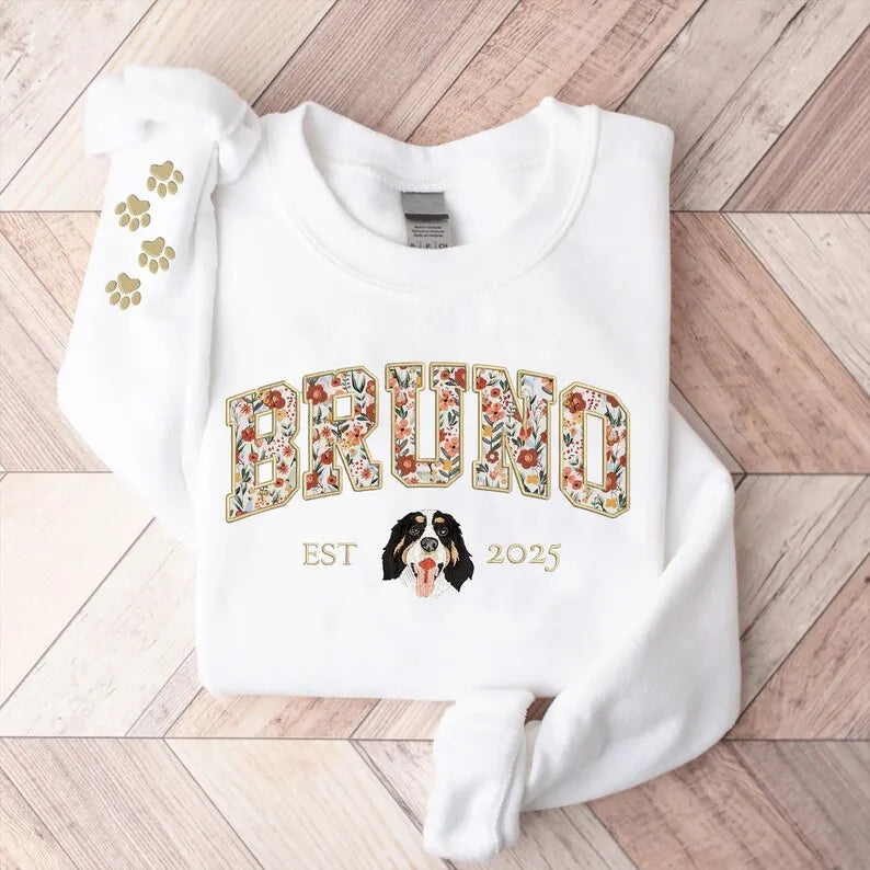 Custom Pet Portrait Floral Applique Embroidered Sweatshirt Hoodie T-shirt