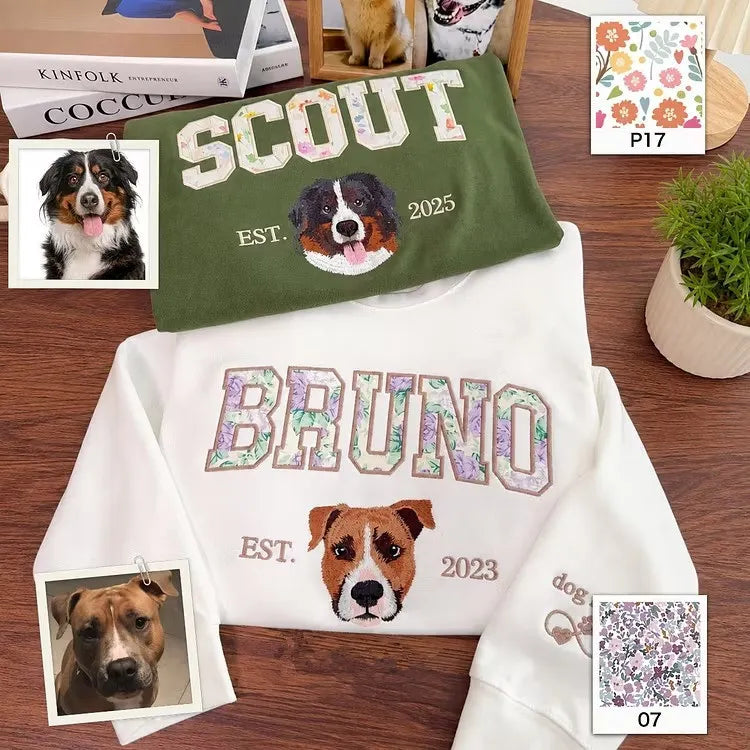 Custom Pet Portrait Floral Applique Embroidered Sweatshirt Hoodie T-shirt