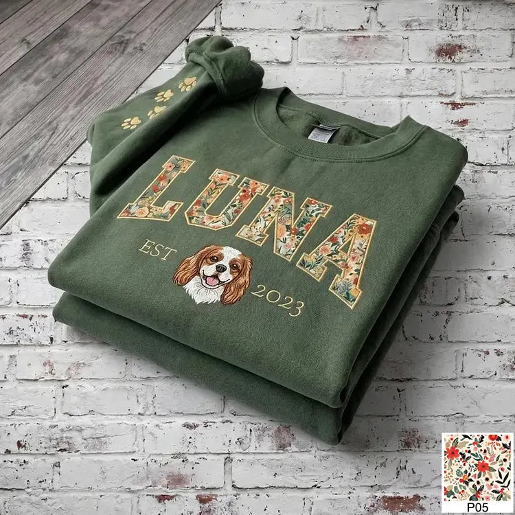 Custom Pet Portrait Floral Applique Embroidered Sweatshirt Hoodie T-shirt