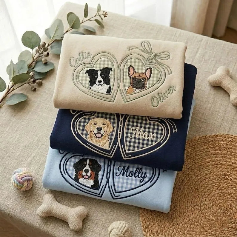 Custom Pet Portrait Embroidered Sweatshirt with Gingham Locket Heart Coquette