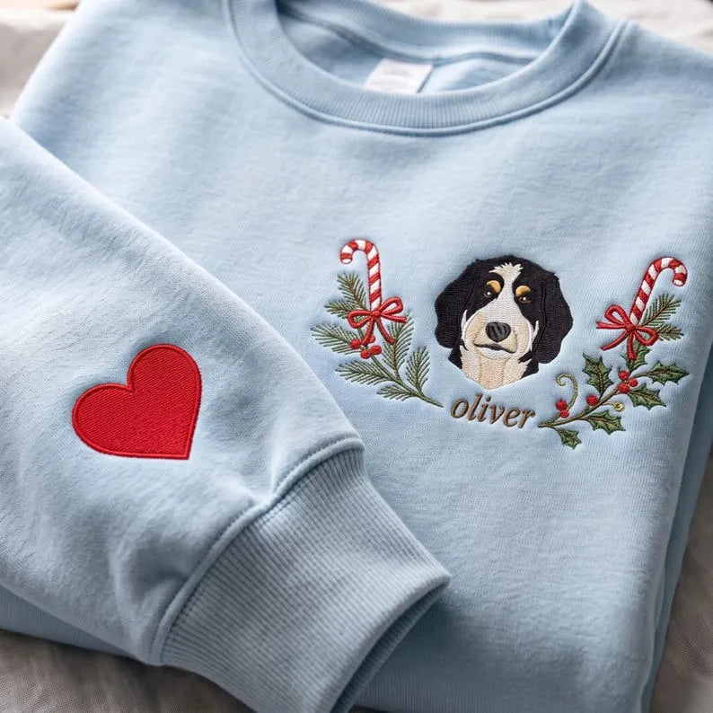 Custom Pet Embroidered Sweatshirt with Christmas Wreath Design, Holiday Pet Lover Gift