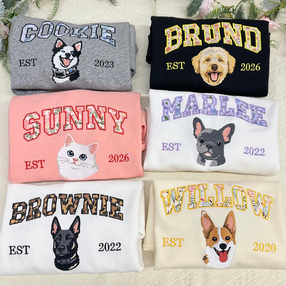 Custom Pet Portrait Floral Applique Embroidered Sweatshirt Hoodie T-shirt