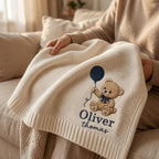 Personalized Teddy Bear Embroidered Baby Blanket, Custom Name Woodland Cabin Nursery Keepsake