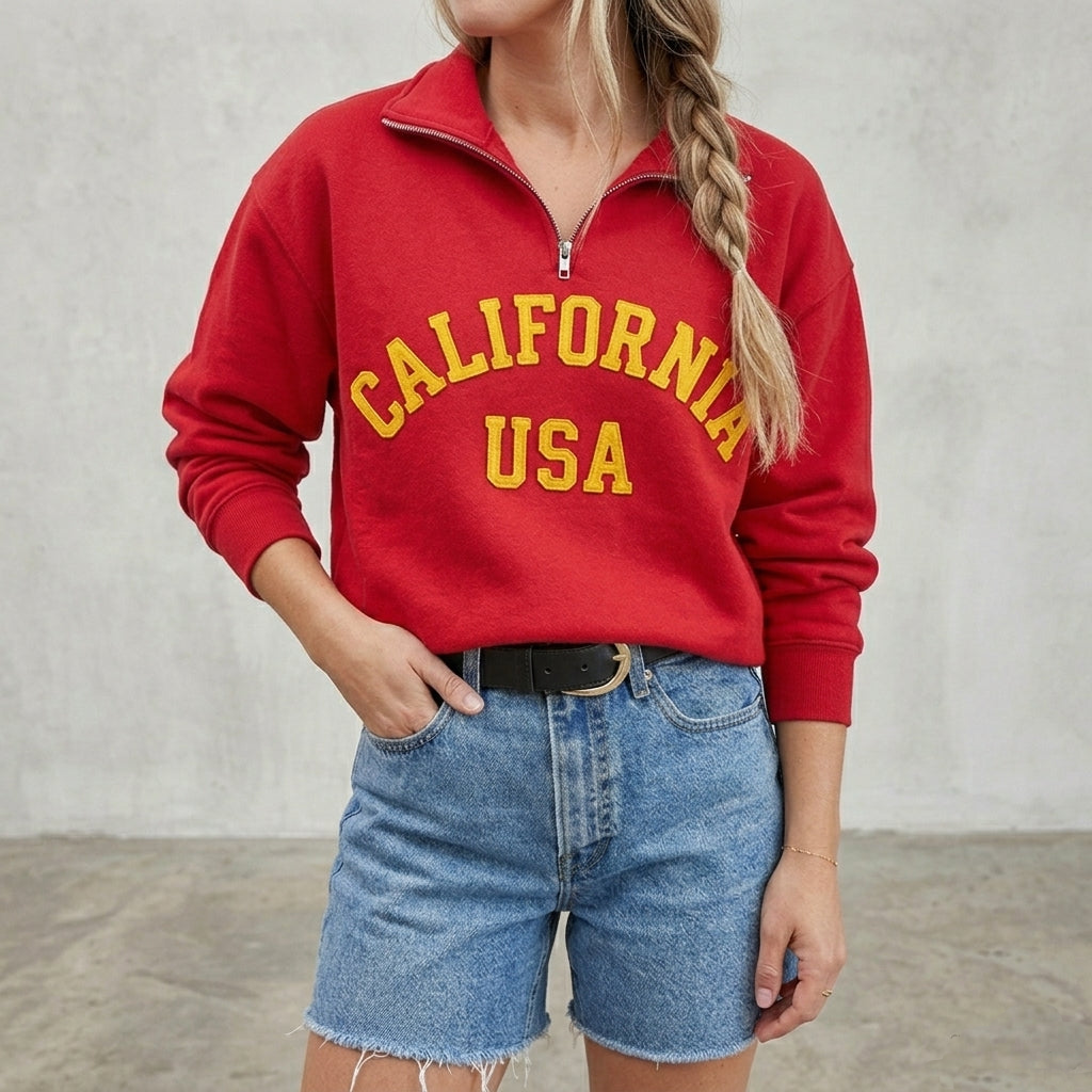 Custom Stitched Retro Wool Felt Letter Quarter-Zip Sweatshirt – Vintage Varsity Pullover