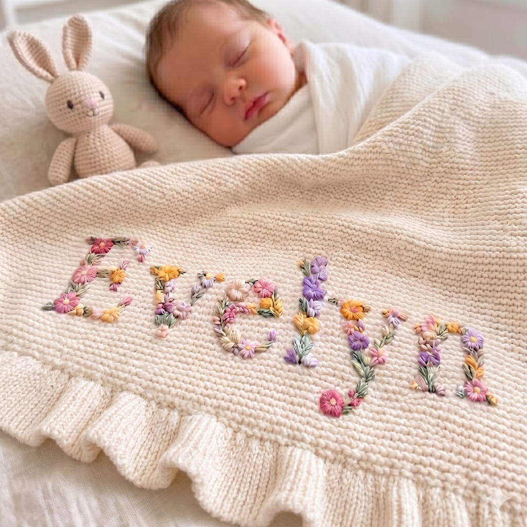 Custom Floral Baby Name Blanket - Newborn Hospital Gift, Custom Baby Gift, Baby Name Swaddle,Cotton Baby Blanket