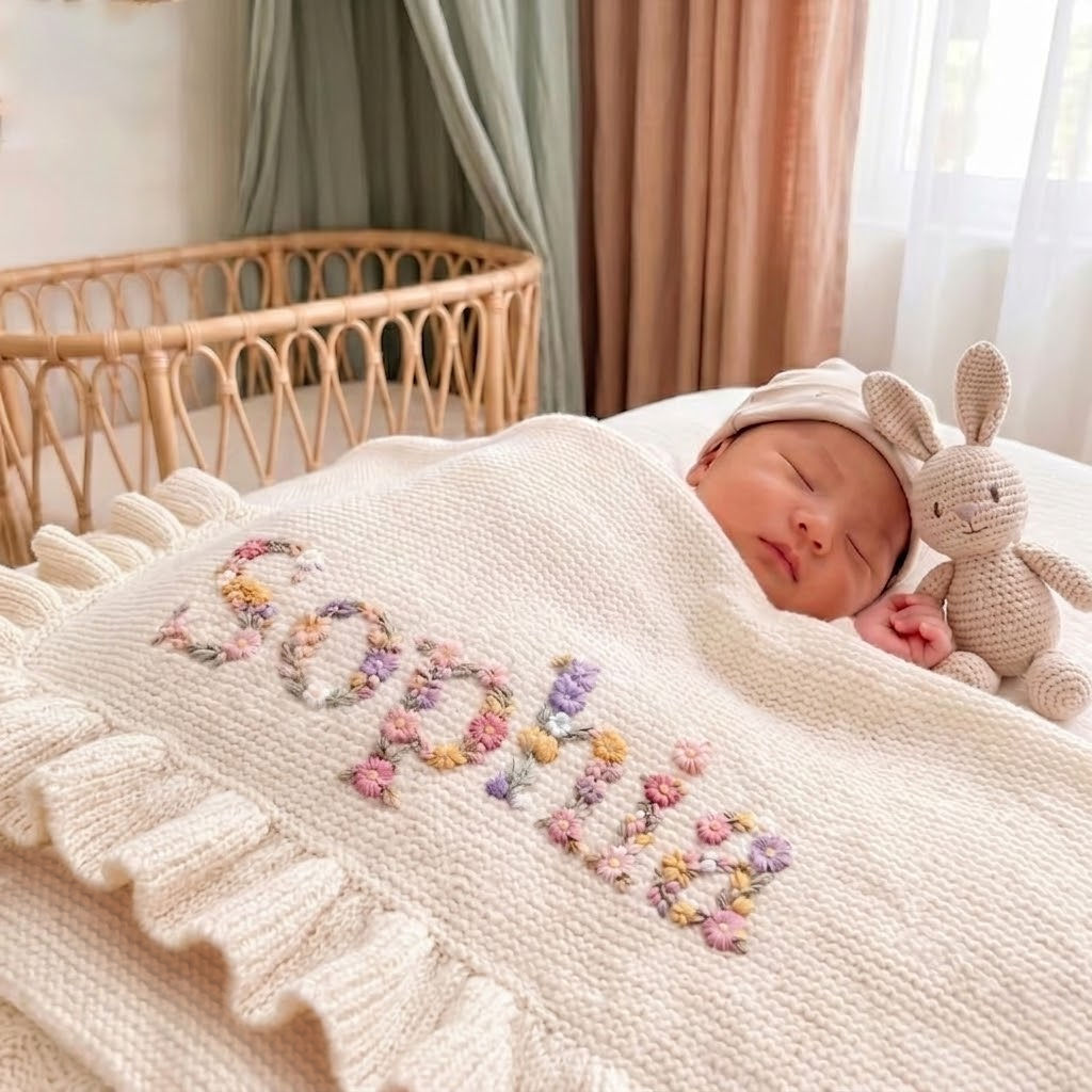 Custom Floral Baby Name Blanket - Newborn Hospital Gift, Custom Baby Gift, Baby Name Swaddle,Cotton Baby Blanket