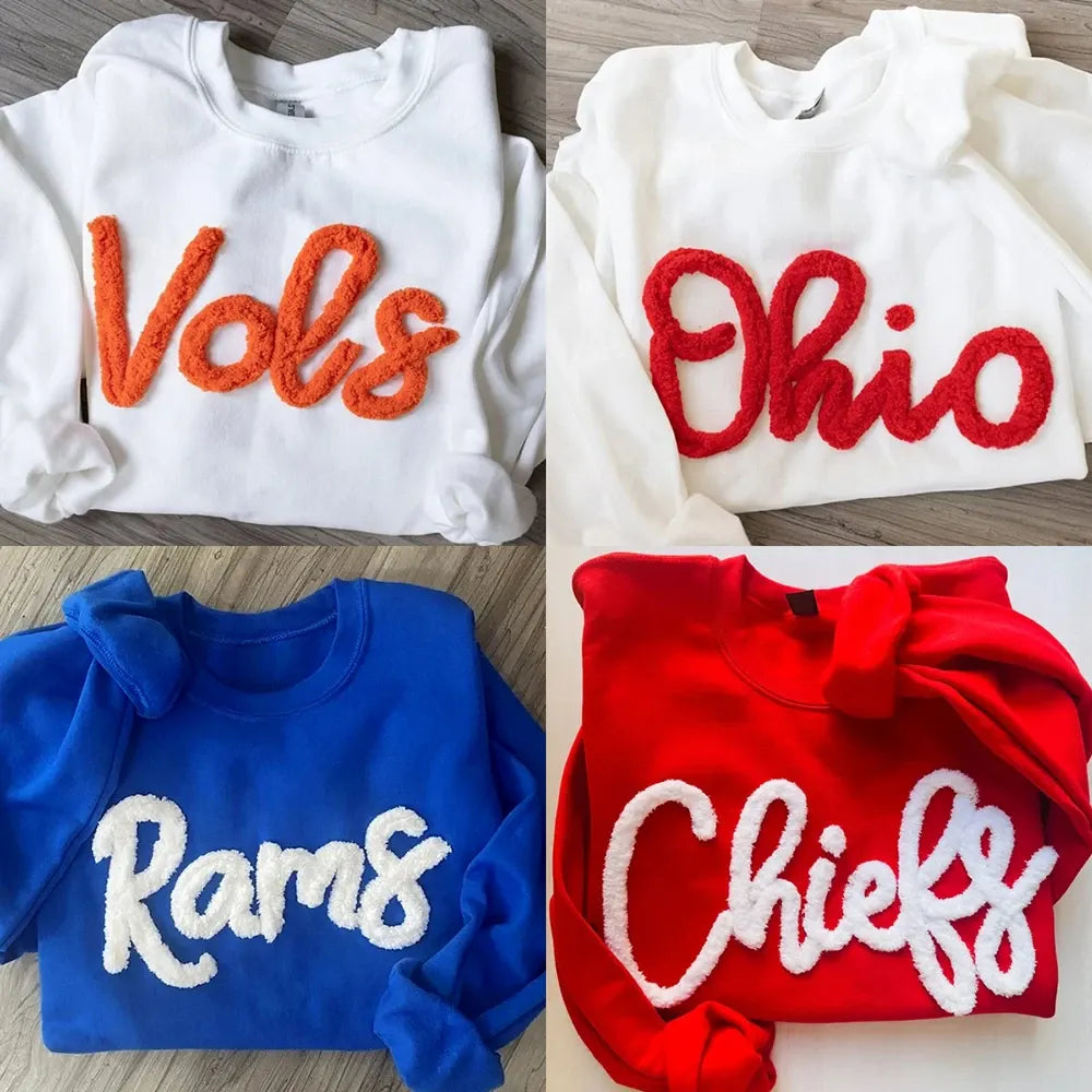 Chenille Yarn Embroidered Sweatshirt Game Day Fuzzy Letter Team Spirit Football Mom