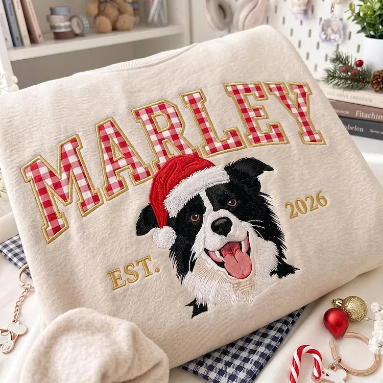 Custom Pet Photo Christmas Sweatshirt — Embroidered Portrait & Gingham Applique Name