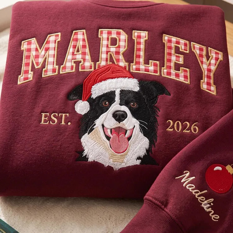 Custom Pet Photo Christmas Sweatshirt — Embroidered Portrait & Gingham Applique Name