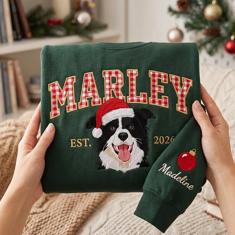 Custom Pet Photo Christmas Sweatshirt — Embroidered Portrait & Gingham Applique Name