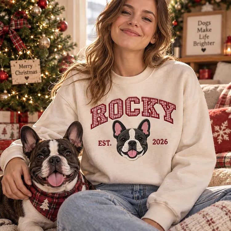 Custom Pet Photo Christmas Sweatshirt — Embroidered Portrait & Gingham Applique Name