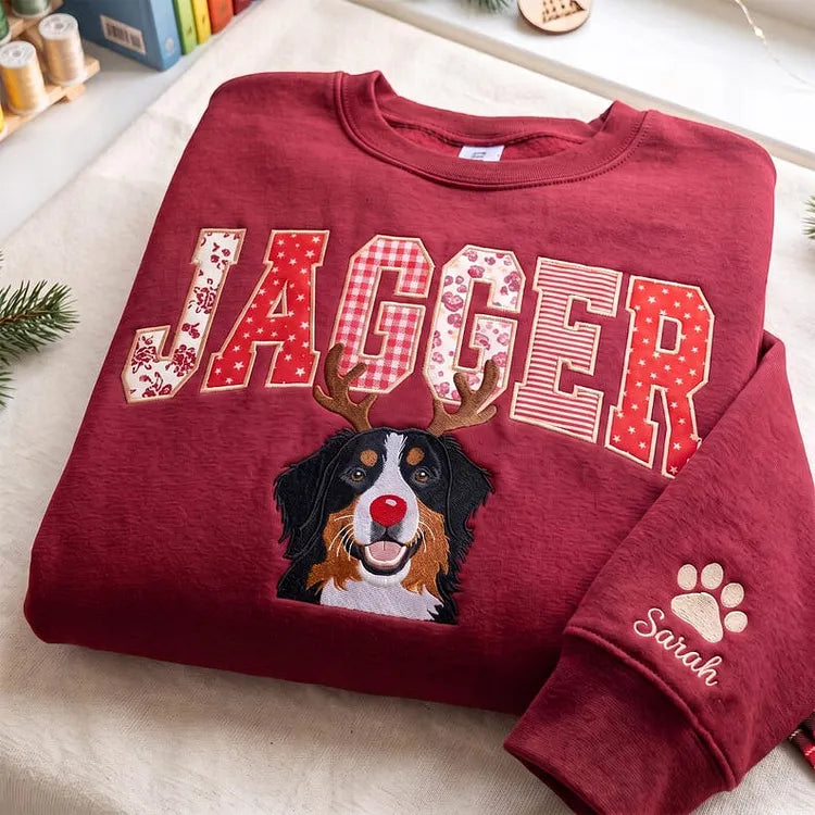Custom Pet Face Embroidered Sweatshirt — Red Nose Reindeer & Patchwork Applique Name