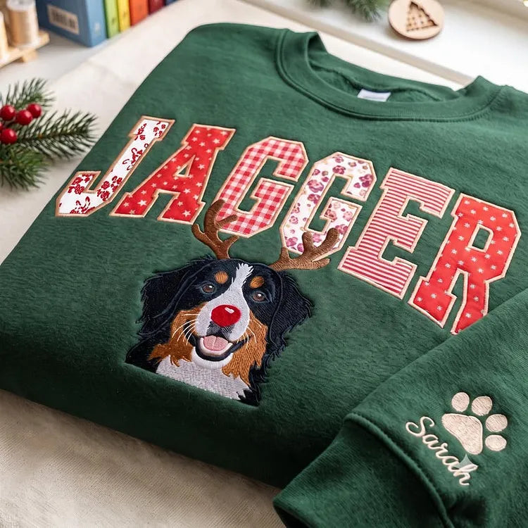 Custom Pet Face Embroidered Sweatshirt — Red Nose Reindeer & Patchwork Applique Name