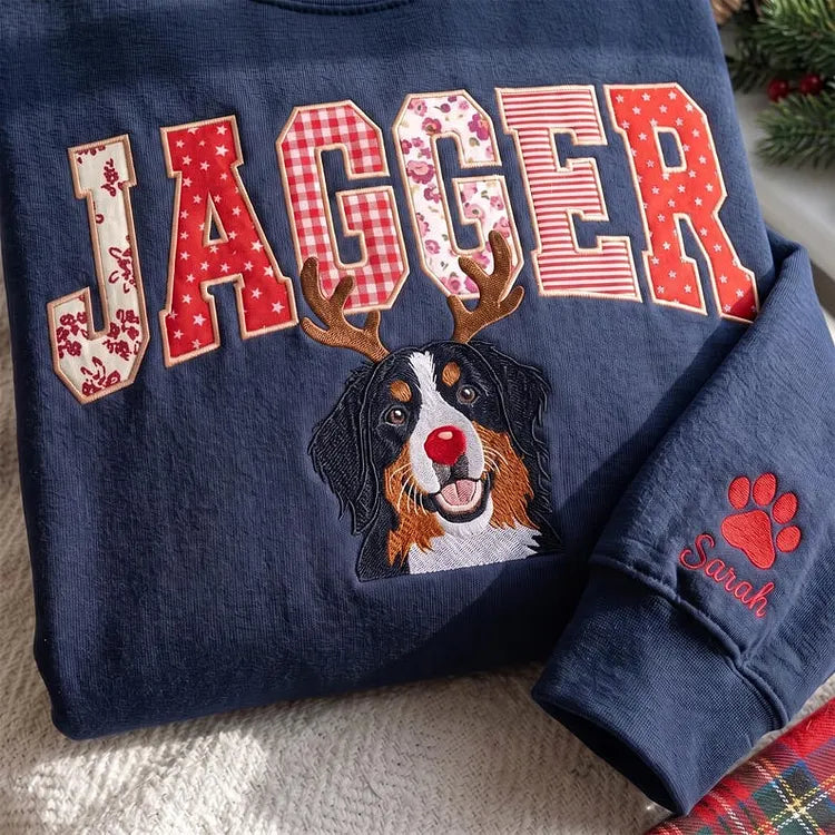 Custom Pet Face Embroidered Sweatshirt — Red Nose Reindeer & Patchwork Applique Name