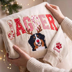 Custom Pet Face Embroidered Sweatshirt — Red Nose Reindeer & Patchwork Applique Name