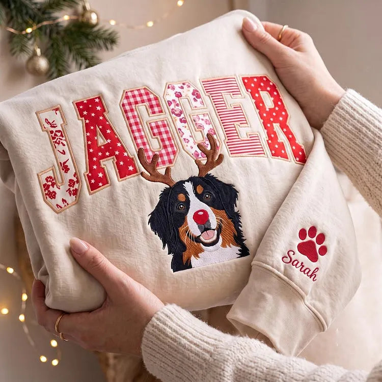 Custom Pet Face Embroidered Sweatshirt — Red Nose Reindeer & Patchwork Applique Name