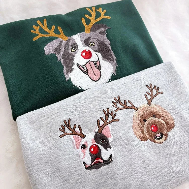 Custom Dog Embroidered Christmas Sweatshirt with Funny Reindeer Design