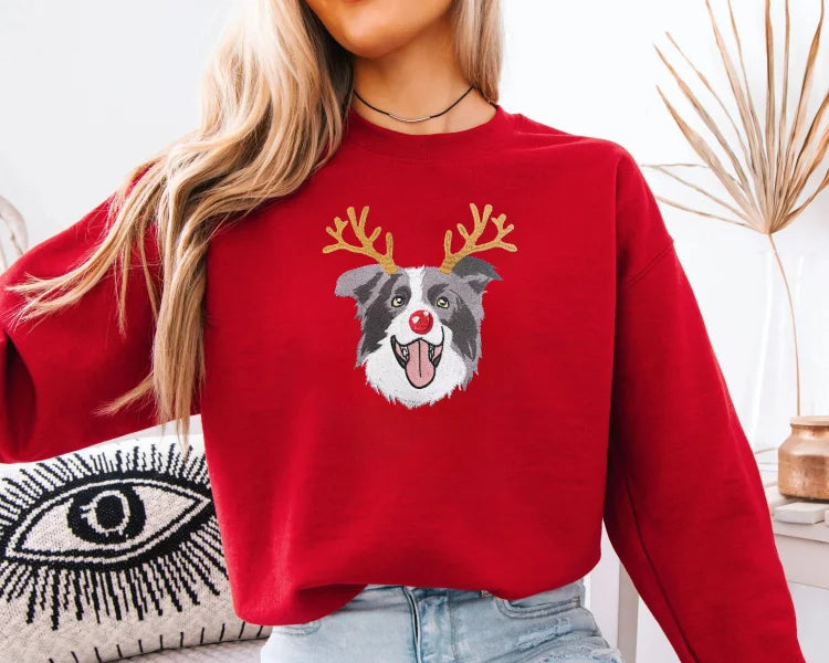 Custom Dog Embroidered Christmas Sweatshirt with Funny Reindeer Design