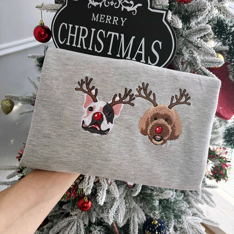 Custom Dog Embroidered Christmas Sweatshirt with Funny Reindeer Design