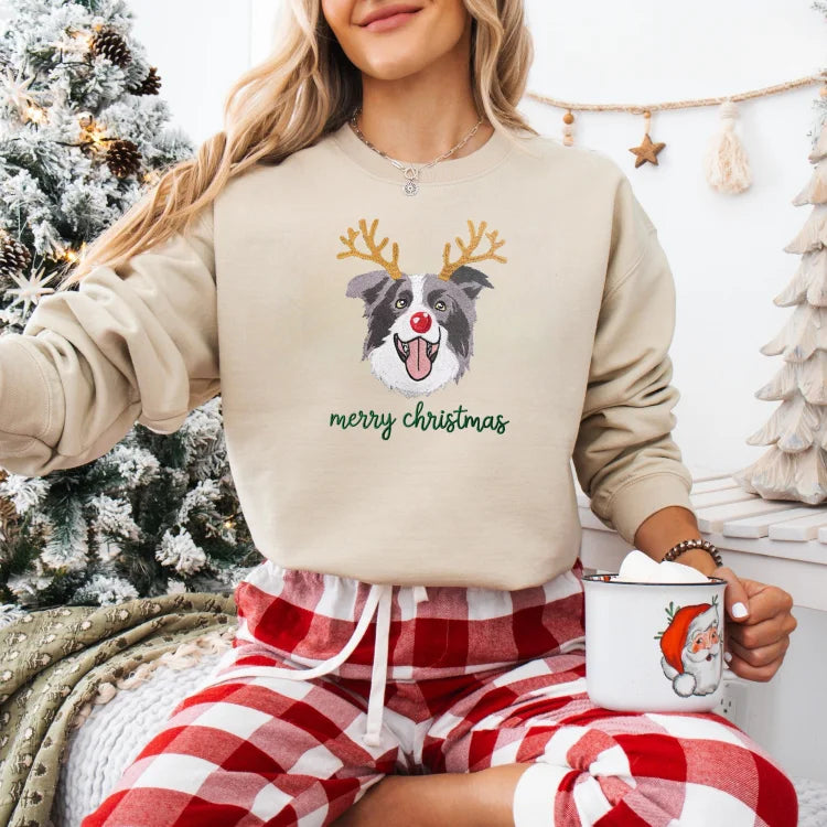 Custom Dog Embroidered Christmas Sweatshirt with Funny Reindeer Design