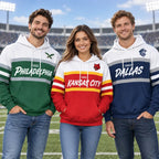 (Only Pattern Own Design No Team Logo) Unisex Football Retro City Letter Hoodie, All Team Color‑Block Striped Hooded Sweatshirt, Long‑Sleeve Casual Top For Sports Game Day And Daily Street Outfits