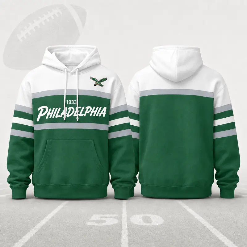(Only Pattern Own Design No Team Logo) Unisex Football Retro City Letter Hoodie, All Team Color‑Block Striped Hooded Sweatshirt, Long‑Sleeve Casual Top For Sports Game Day And Daily Street Outfits