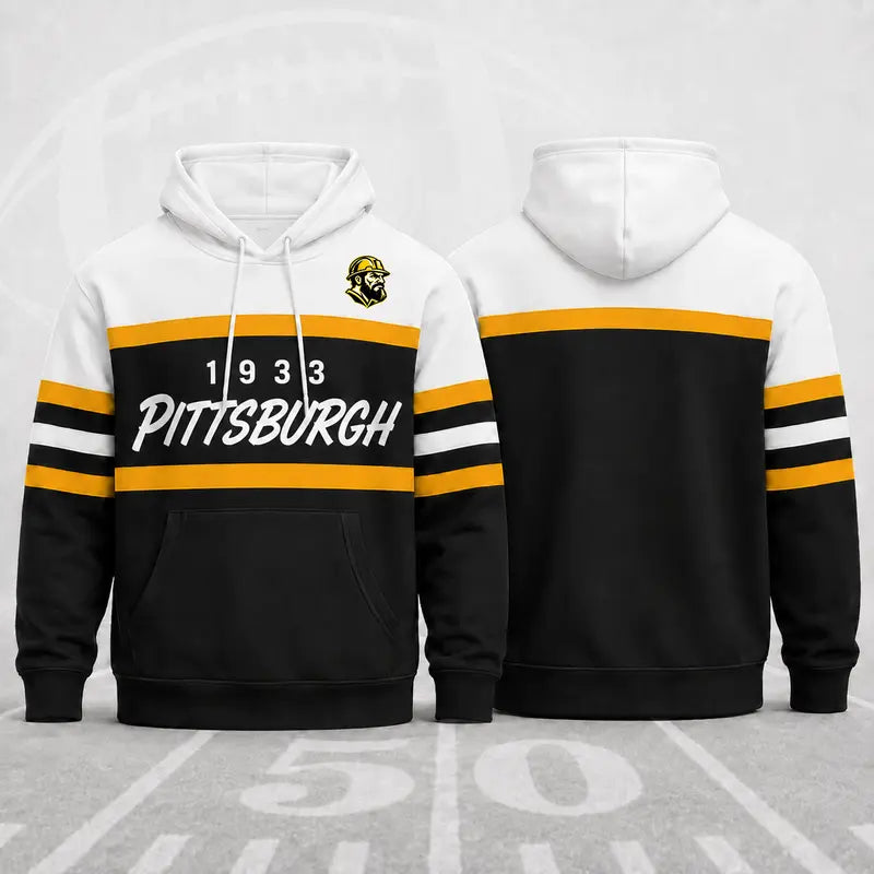 (Only Pattern Own Design No Team Logo) Unisex Football Retro City Letter Hoodie, All Team Color‑Block Striped Hooded Sweatshirt, Long‑Sleeve Casual Top For Sports Game Day And Daily Street Outfits