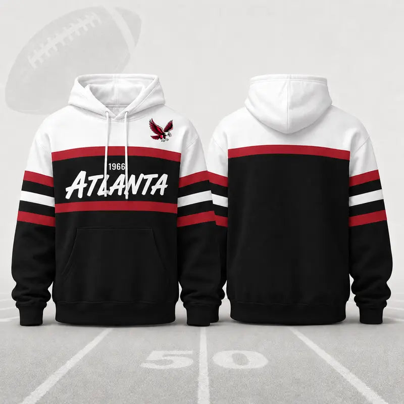 (Only Pattern Own Design No Team Logo) Unisex Football Retro City Letter Hoodie, All Team Color‑Block Striped Hooded Sweatshirt, Long‑Sleeve Casual Top For Sports Game Day And Daily Street Outfits