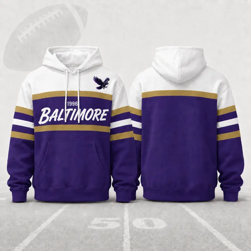 (Only Pattern Own Design No Team Logo) Unisex Football Retro City Letter Hoodie, All Team Color‑Block Striped Hooded Sweatshirt, Long‑Sleeve Casual Top For Sports Game Day And Daily Street Outfits