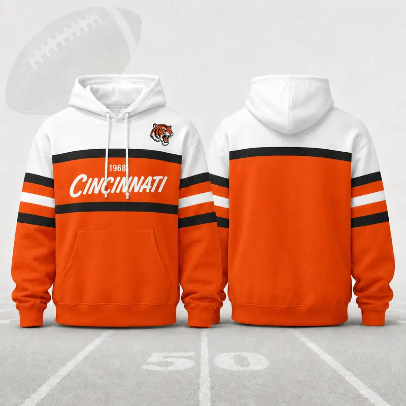 (Only Pattern Own Design No Team Logo) Unisex Football Retro City Letter Hoodie, All Team Color‑Block Striped Hooded Sweatshirt, Long‑Sleeve Casual Top For Sports Game Day And Daily Street Outfits