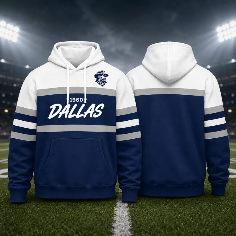 (Only Pattern Own Design No Team Logo) Unisex Football Retro City Letter Hoodie, All Team Color‑Block Striped Hooded Sweatshirt, Long‑Sleeve Casual Top For Sports Game Day And Daily Street Outfits