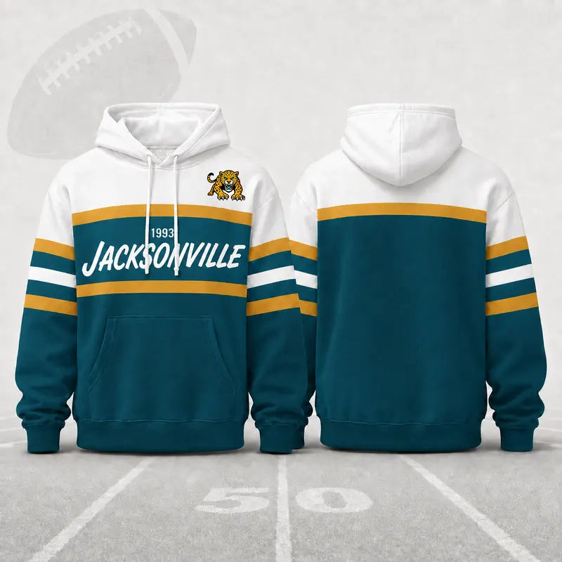 (Only Pattern Own Design No Team Logo) Unisex Football Retro City Letter Hoodie, All Team Color‑Block Striped Hooded Sweatshirt, Long‑Sleeve Casual Top For Sports Game Day And Daily Street Outfits
